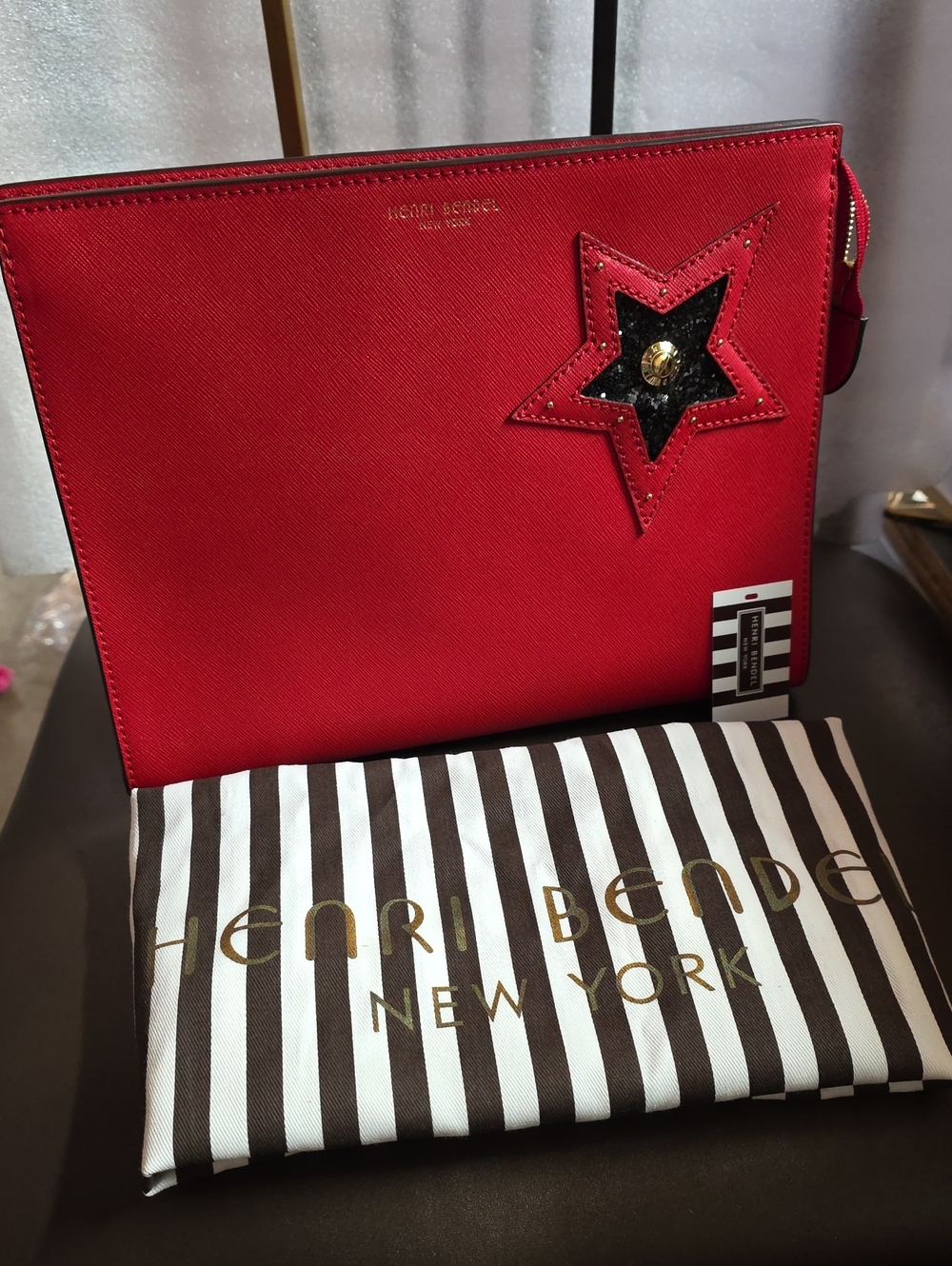 Henri Bendel Saffiano Leather Star Studded Clutch Nwt With Dusty